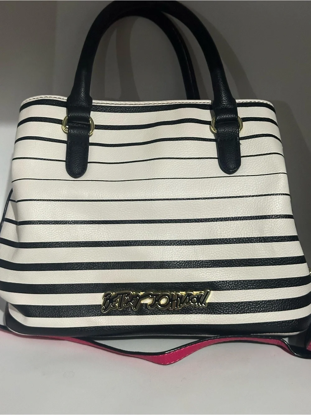Betsey Johnson Black and White Striped Satchel with Hot Pink Bow